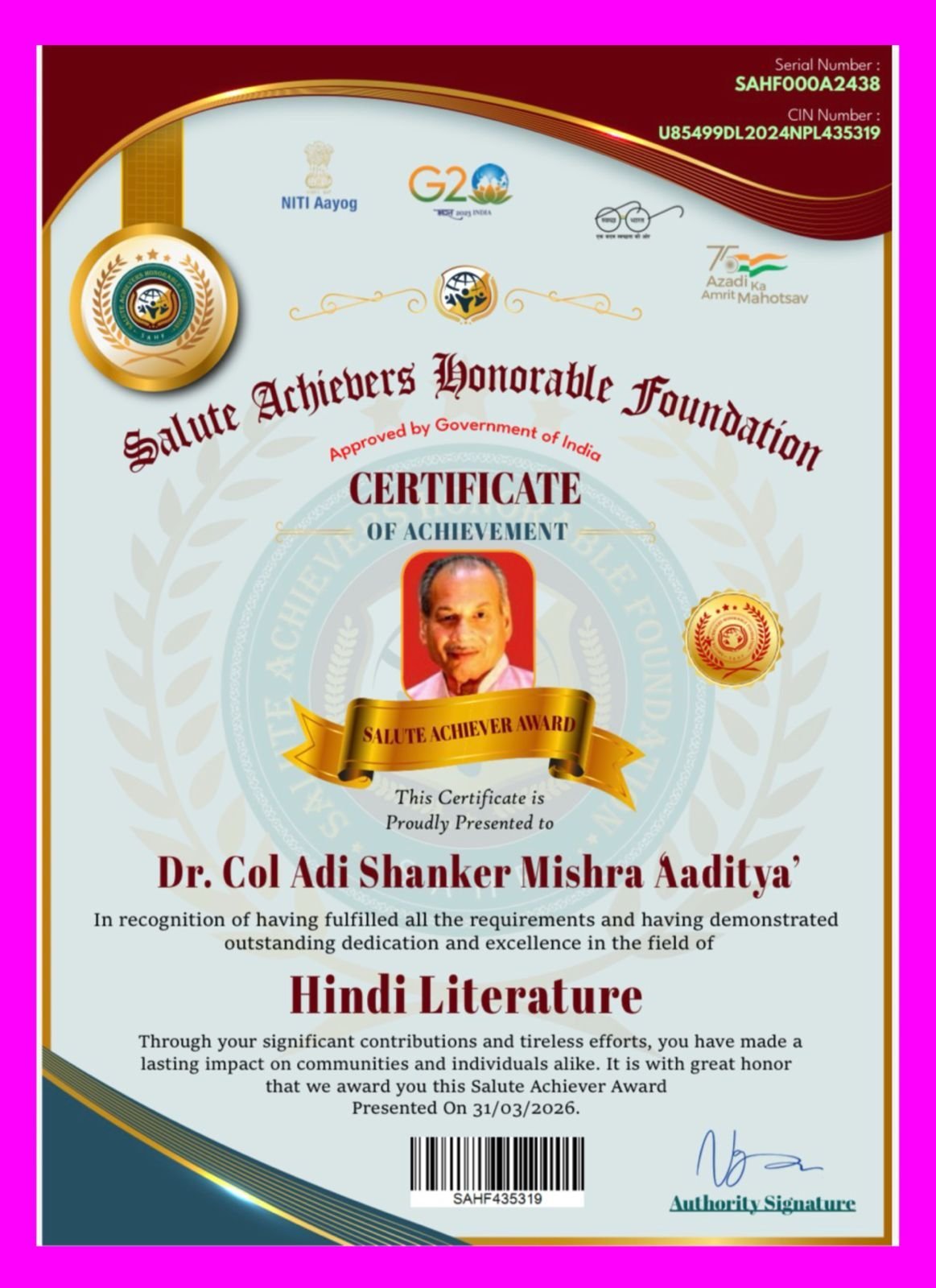 Dr Col Adi Shanker Mishra...